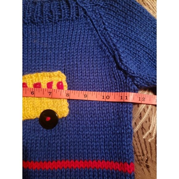 Baby Blue Handmade Knit Sweater w/Yellow School Bus & Black Button Wheels -2T-4T - Picture 6 of 10
